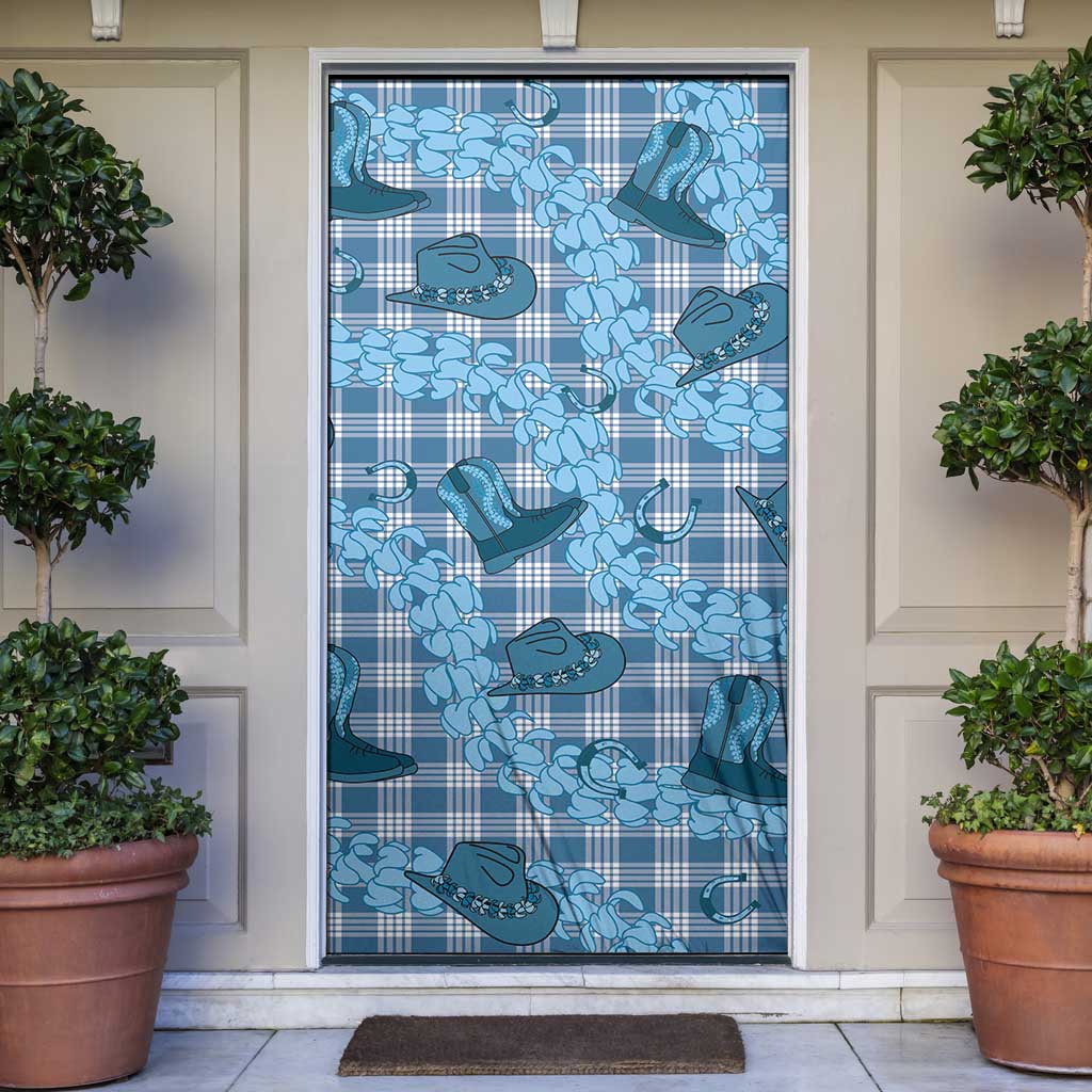 Cyan Palaka Hawaii Cowboy Door Cover Puakenikeni Lei Paniolo Papale Seamless Vibes LT14 Cyan - Polynesian Pride