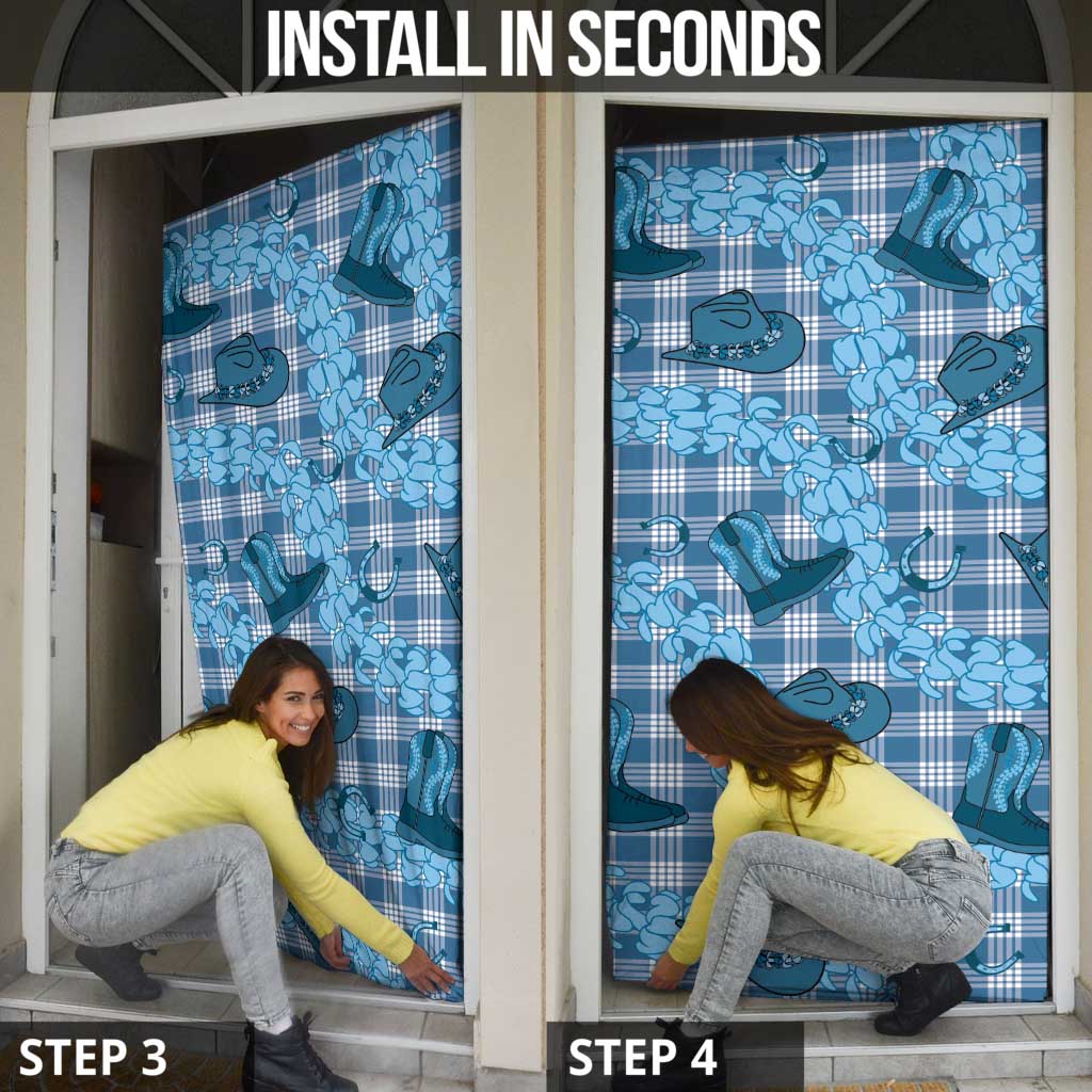 Cyan Palaka Hawaii Cowboy Door Cover Puakenikeni Lei Paniolo Papale Seamless Vibes LT14 - Polynesian Pride