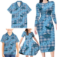 Cyan Palaka Hawaii Cowboy Family Matching Long Sleeve Bodycon Dress and Hawaiian Shirt Puakenikeni Lei Paniolo Papale Seamless Vibes LT14 - Polynesian Pride