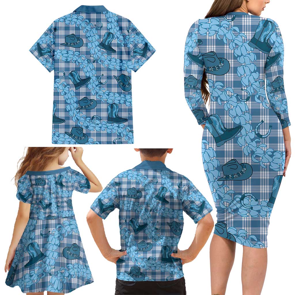 Cyan Palaka Hawaii Cowboy Family Matching Long Sleeve Bodycon Dress and Hawaiian Shirt Puakenikeni Lei Paniolo Papale Seamless Vibes LT14 - Polynesian Pride