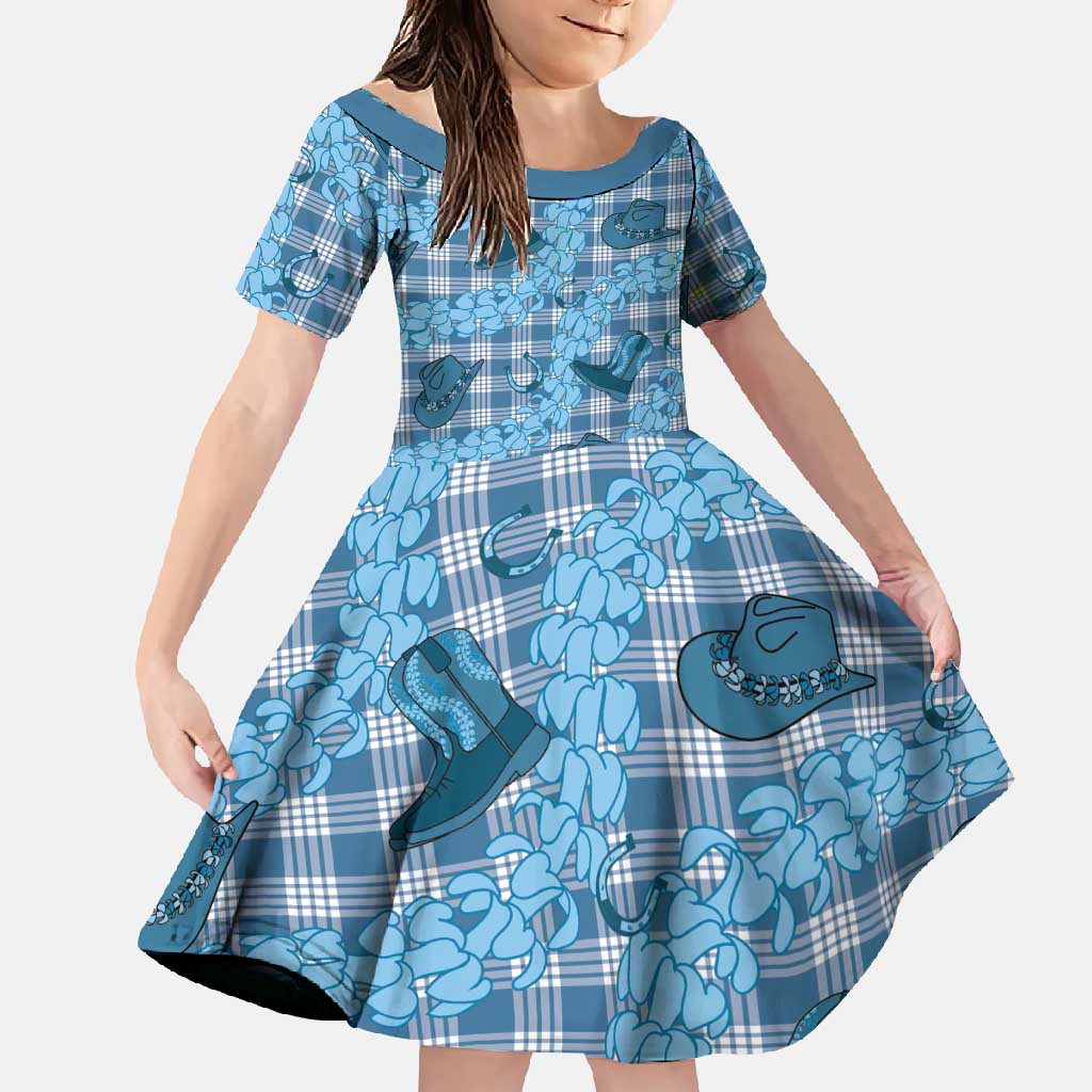 Cyan Palaka Hawaii Cowboy Family Matching Mermaid Dress and Hawaiian Shirt Puakenikeni Lei Paniolo Papale Seamless Vibes LT14 Daughter's Dress Cyan - Polynesian Pride