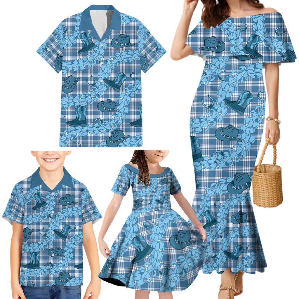 Cyan Palaka Hawaii Cowboy Family Matching Mermaid Dress and Hawaiian Shirt Puakenikeni Lei Paniolo Papale Seamless Vibes LT14 - Polynesian Pride