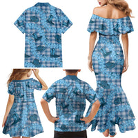 Cyan Palaka Hawaii Cowboy Family Matching Mermaid Dress and Hawaiian Shirt Puakenikeni Lei Paniolo Papale Seamless Vibes LT14 - Polynesian Pride