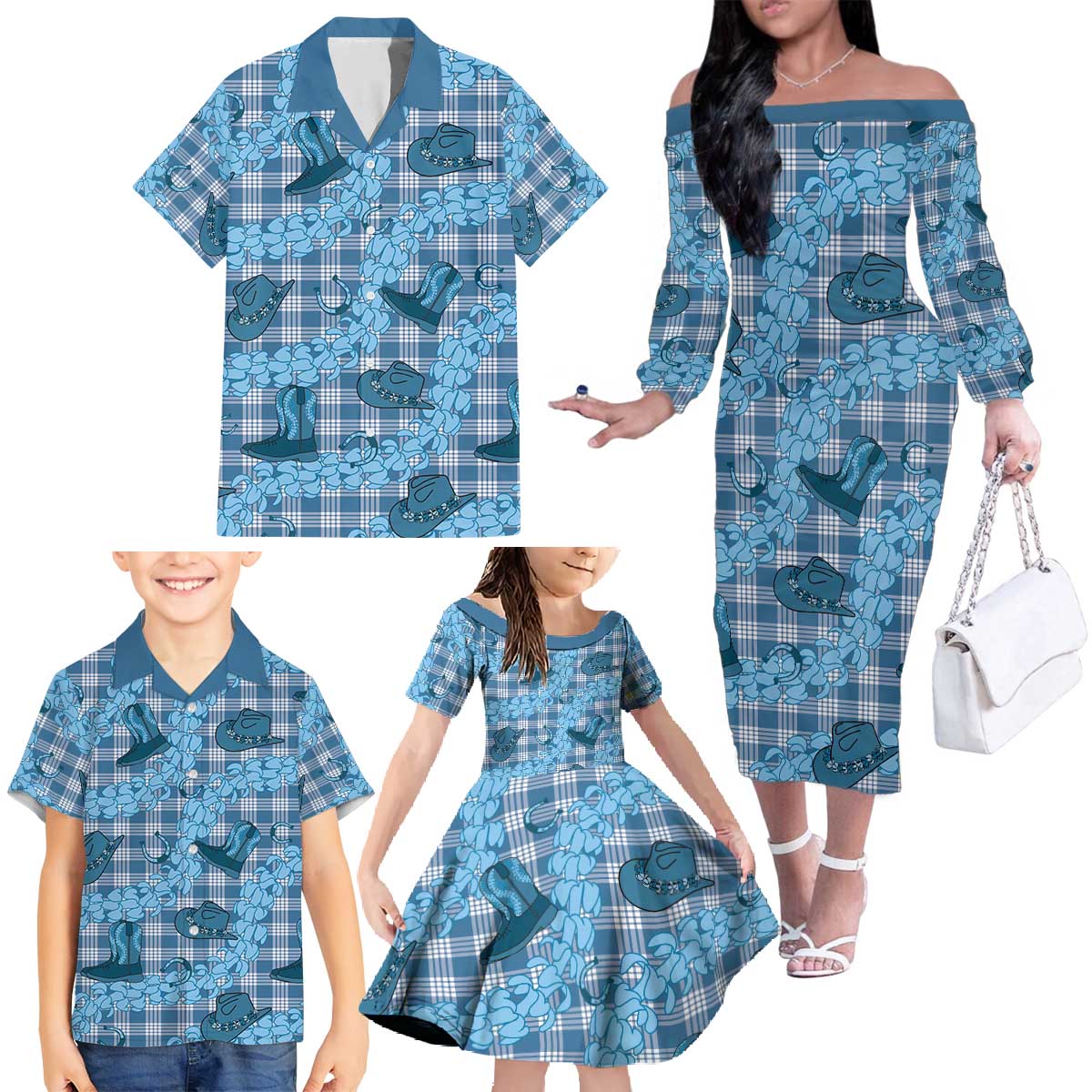 Cyan Palaka Hawaii Cowboy Family Matching Off The Shoulder Long Sleeve Dress and Hawaiian Shirt Puakenikeni Lei Paniolo Papale Seamless Vibes LT14 - Polynesian Pride