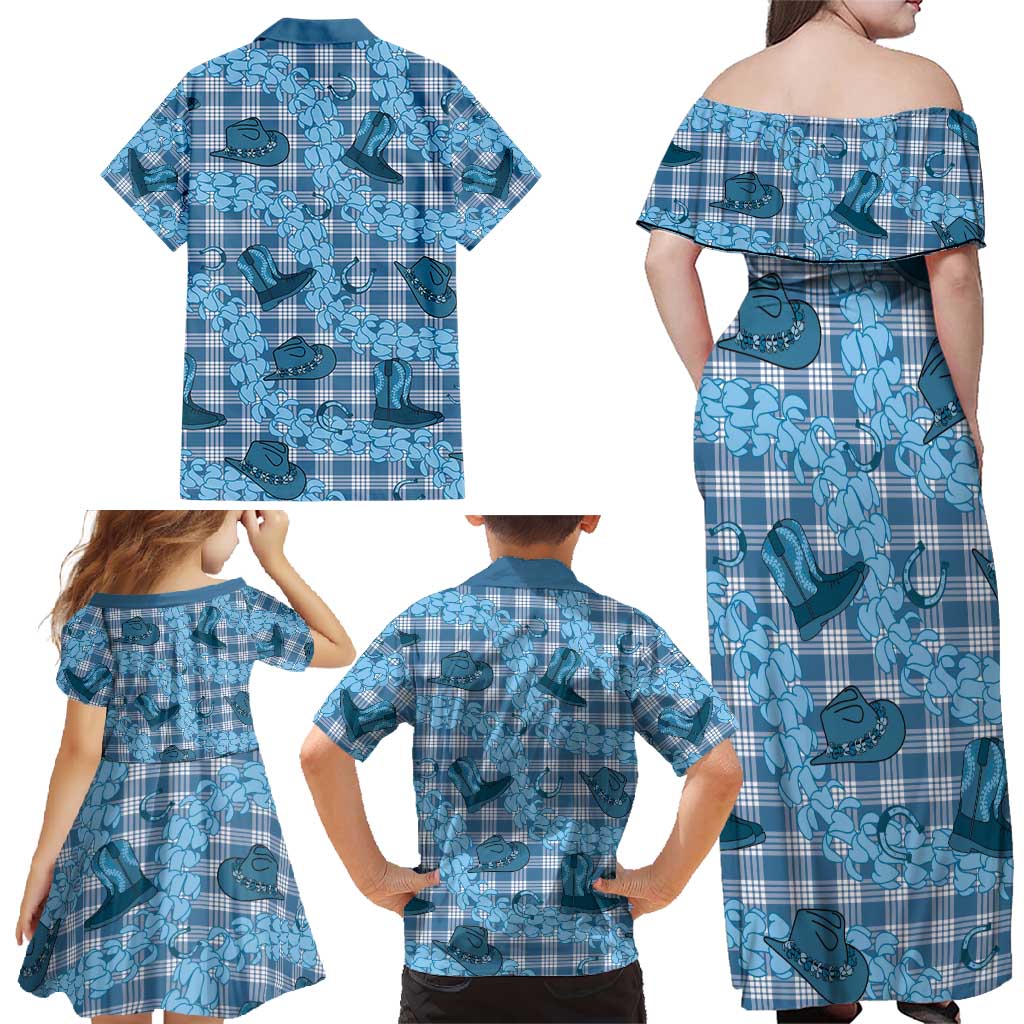 Cyan Palaka Hawaii Cowboy Family Matching Off Shoulder Maxi Dress and Hawaiian Shirt Puakenikeni Lei Paniolo Papale Seamless Vibes LT14 - Polynesian Pride