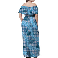 Cyan Palaka Hawaii Cowboy Family Matching Off Shoulder Maxi Dress and Hawaiian Shirt Puakenikeni Lei Paniolo Papale Seamless Vibes LT14 - Polynesian Pride