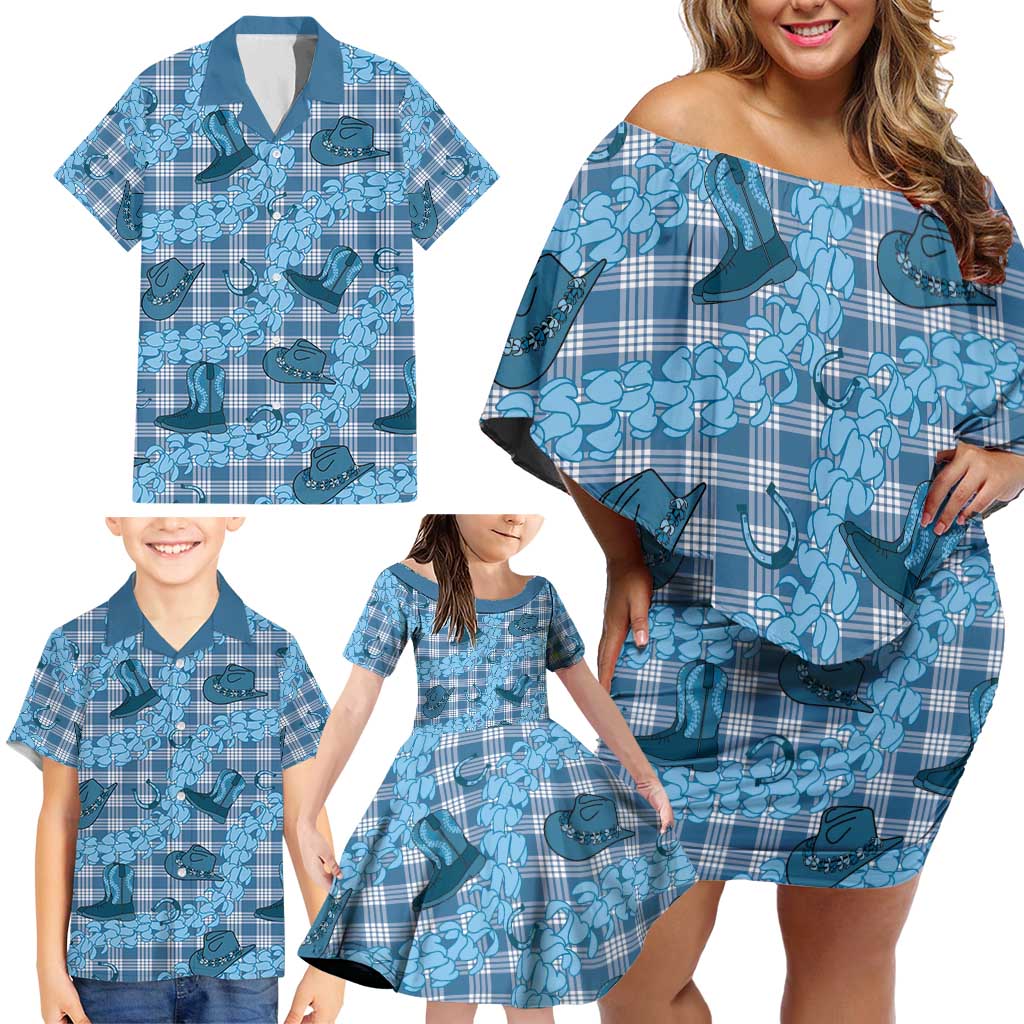 Cyan Palaka Hawaii Cowboy Family Matching Off Shoulder Short Dress and Hawaiian Shirt Puakenikeni Lei Paniolo Papale Seamless Vibes LT14 - Polynesian Pride