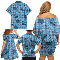 Cyan Palaka Hawaii Cowboy Family Matching Off Shoulder Short Dress and Hawaiian Shirt Puakenikeni Lei Paniolo Papale Seamless Vibes LT14 - Polynesian Pride