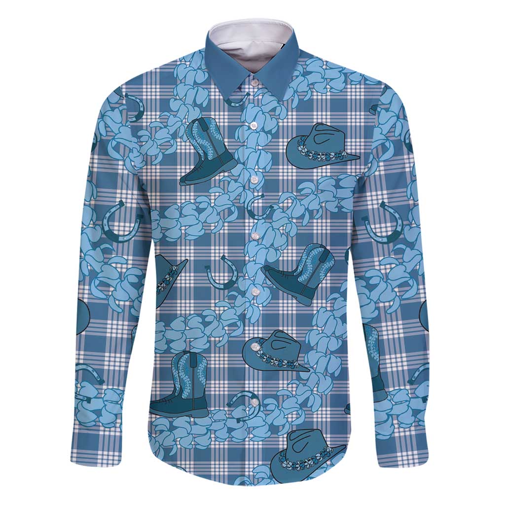 Cyan Palaka Hawaii Cowboy Family Matching Puletasi and Hawaiian Shirt Puakenikeni Lei Paniolo Papale Seamless Vibes LT14 Dad's Shirt - Long Sleeve Cyan - Polynesian Pride