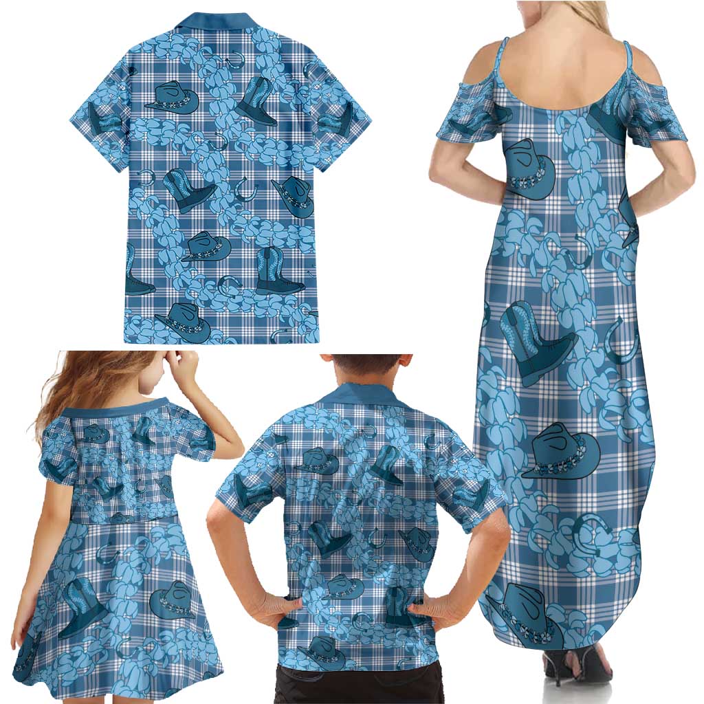 Cyan Palaka Hawaii Cowboy Family Matching Summer Maxi Dress and Hawaiian Shirt Puakenikeni Lei Paniolo Papale Seamless Vibes LT14 - Polynesian Pride