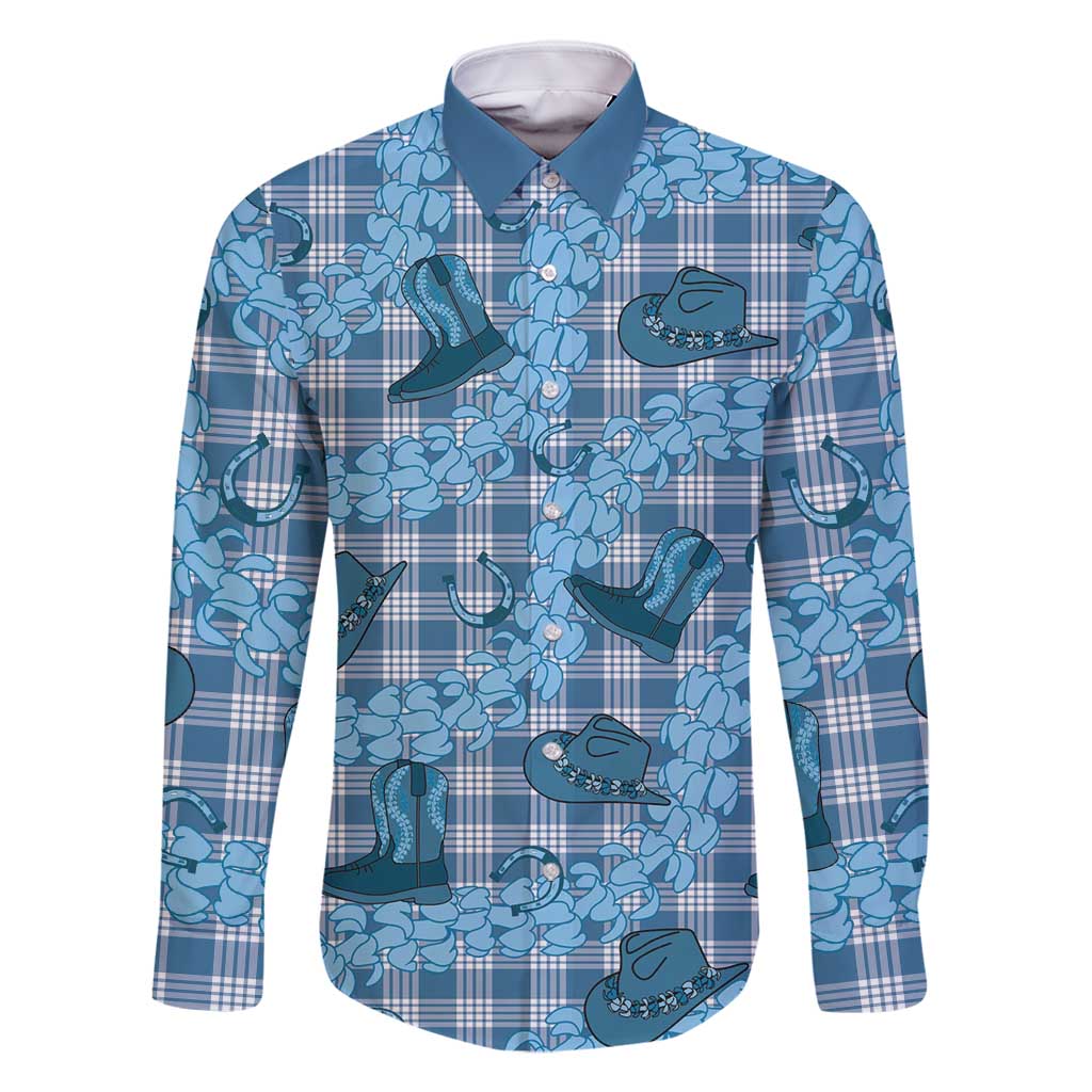 Cyan Palaka Hawaii Cowboy Family Matching Summer Maxi Dress and Hawaiian Shirt Puakenikeni Lei Paniolo Papale Seamless Vibes LT14 Dad's Shirt - Long Sleeve Cyan - Polynesian Pride