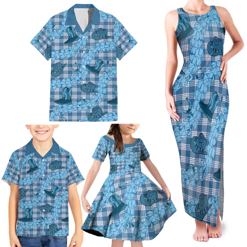 Cyan Palaka Hawaii Cowboy Family Matching Tank Maxi Dress and Hawaiian Shirt Puakenikeni Lei Paniolo Papale Seamless Vibes LT14 - Polynesian Pride