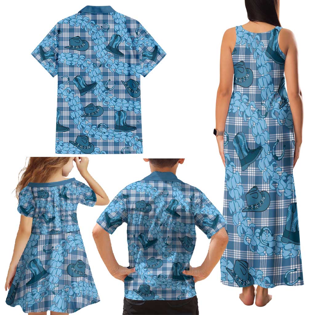 Cyan Palaka Hawaii Cowboy Family Matching Tank Maxi Dress and Hawaiian Shirt Puakenikeni Lei Paniolo Papale Seamless Vibes LT14 - Polynesian Pride