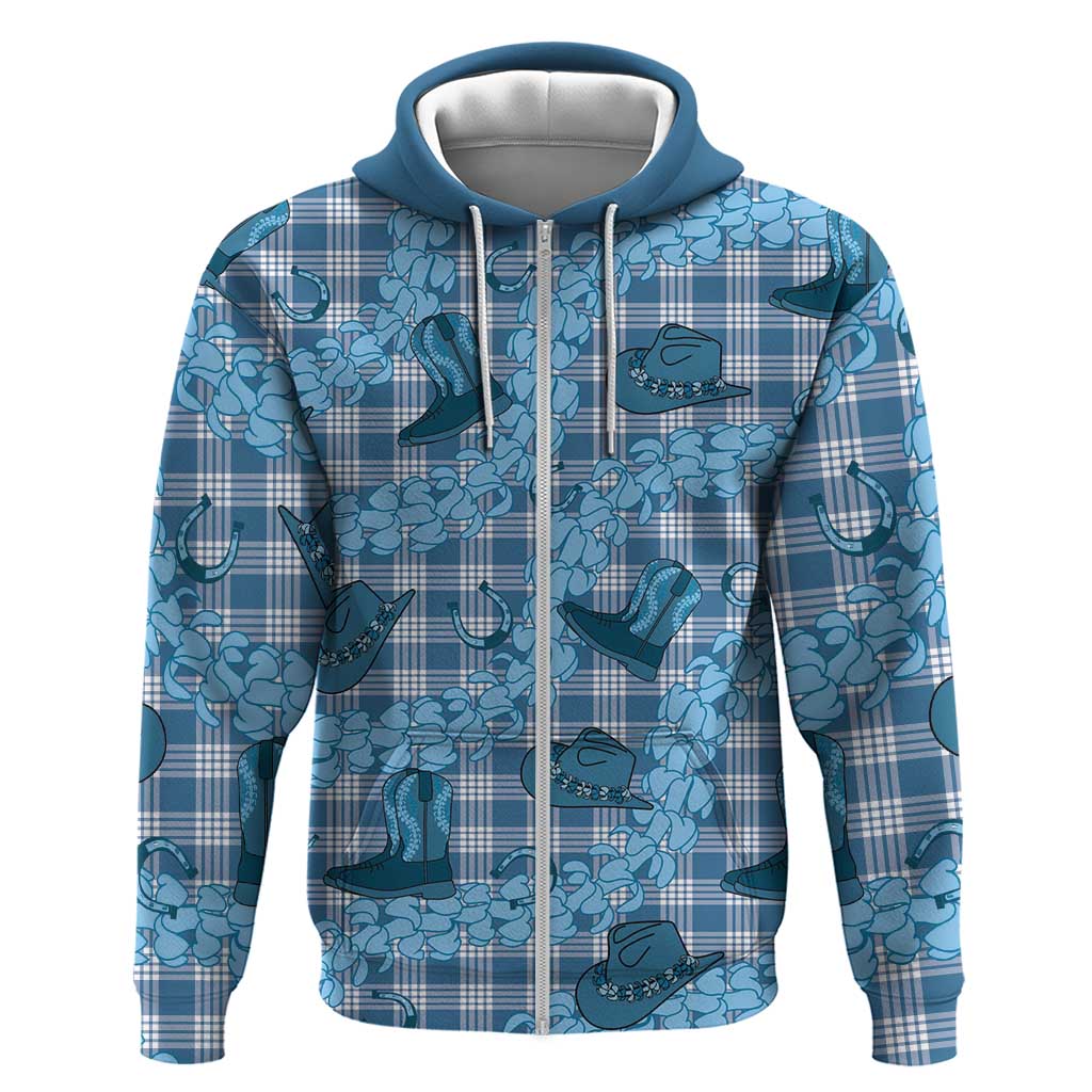 Cyan Palaka Hawaii Cowboy Hoodie Puakenikeni Lei Paniolo Papale Seamless Vibes LT14 Zip Hoodie Cyan - Polynesian Pride