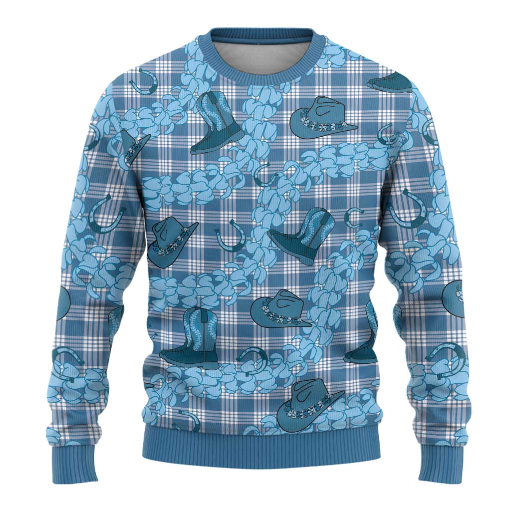 Cyan Palaka Hawaii Cowboy Ugly Christmas Sweater Puakenikeni Lei Paniolo Papale Seamless Vibes LT14 - Polynesian Pride