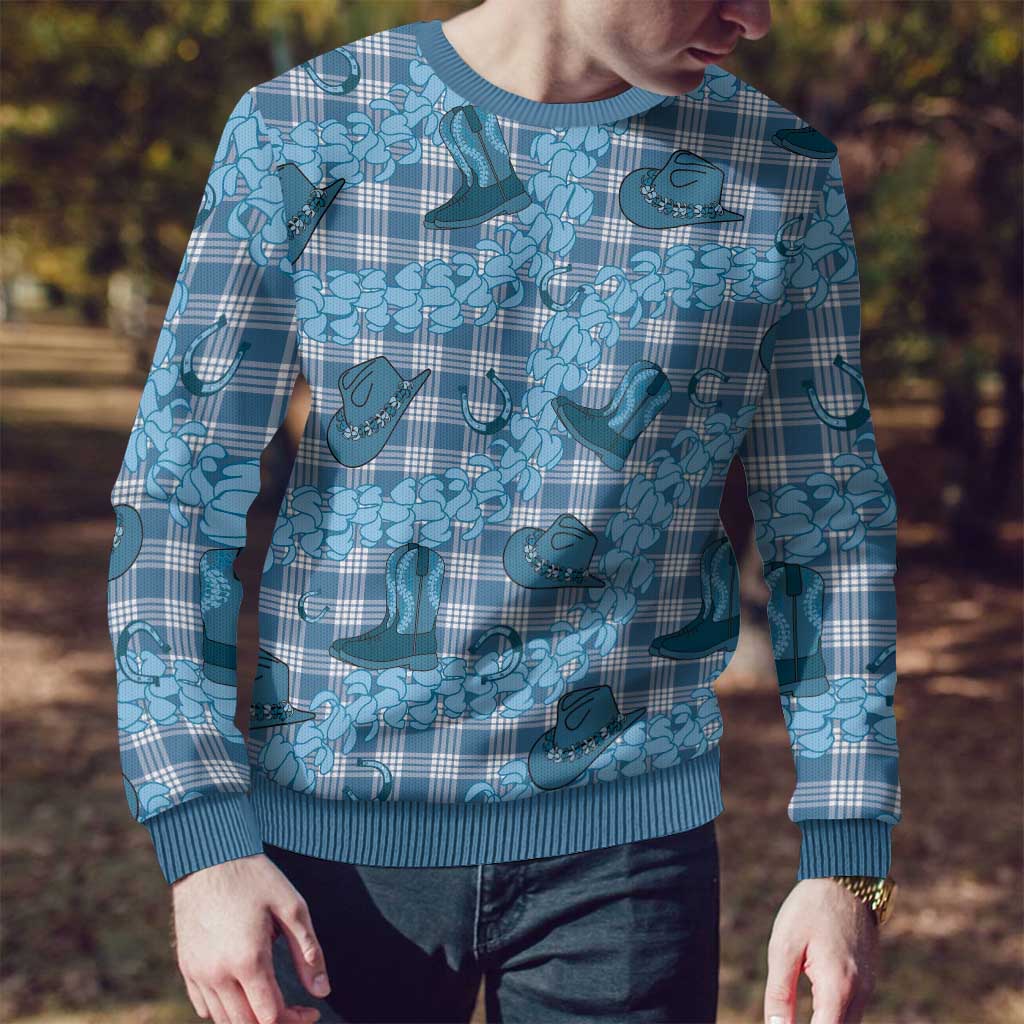 Cyan Palaka Hawaii Cowboy Ugly Christmas Sweater Puakenikeni Lei Paniolo Papale Seamless Vibes LT14 - Polynesian Pride