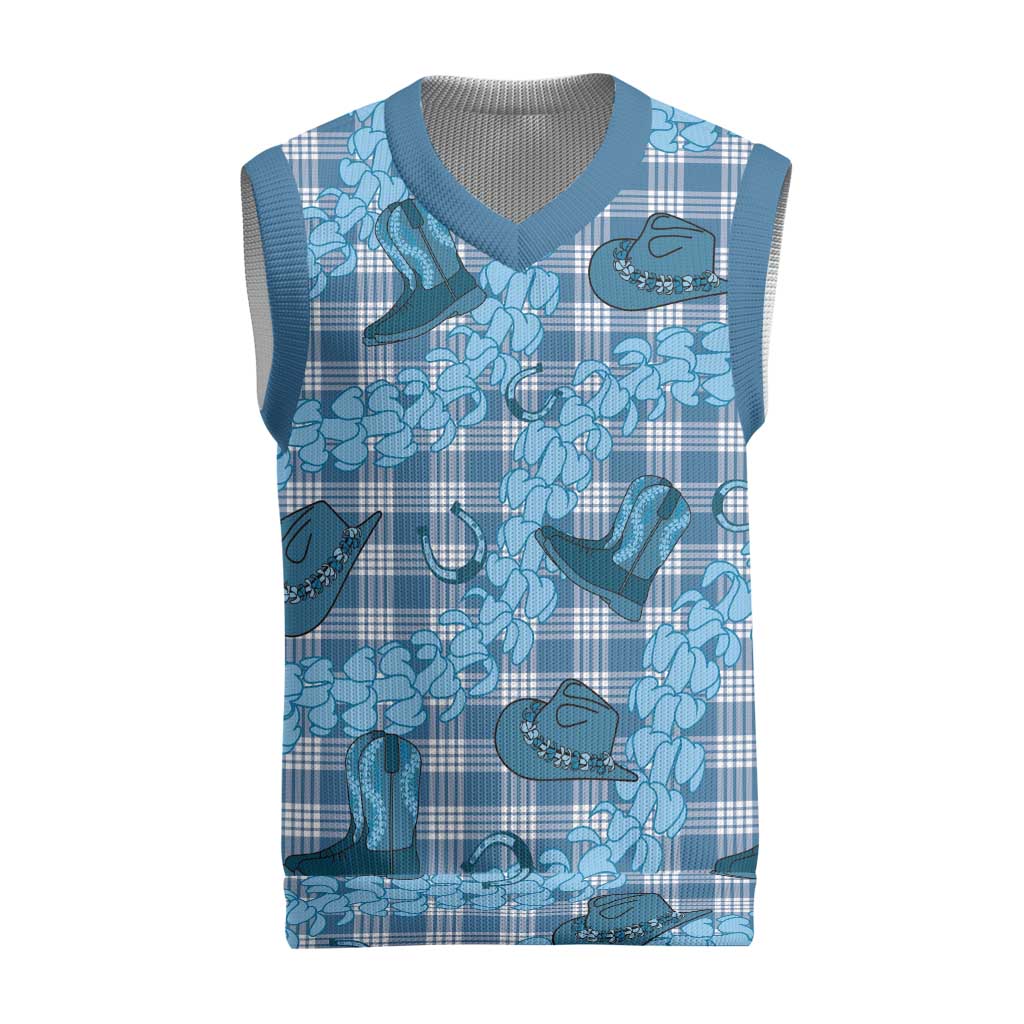 Cyan Palaka Hawaii Cowboy Christmas Knitted V-Neck Vest Puakenikeni Lei Paniolo Papale Seamless Vibes LT14 Cyan - Polynesian Pride