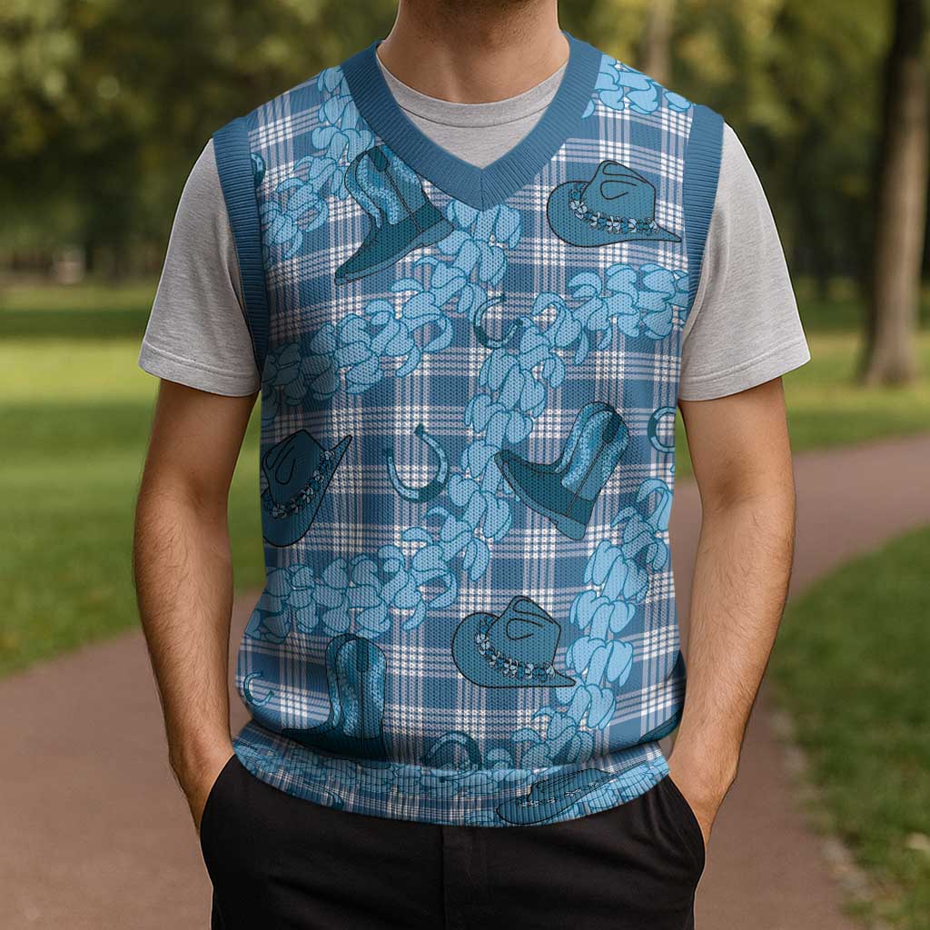 Cyan Palaka Hawaii Cowboy Christmas Knitted V-Neck Vest Puakenikeni Lei Paniolo Papale Seamless Vibes LT14 - Polynesian Pride
