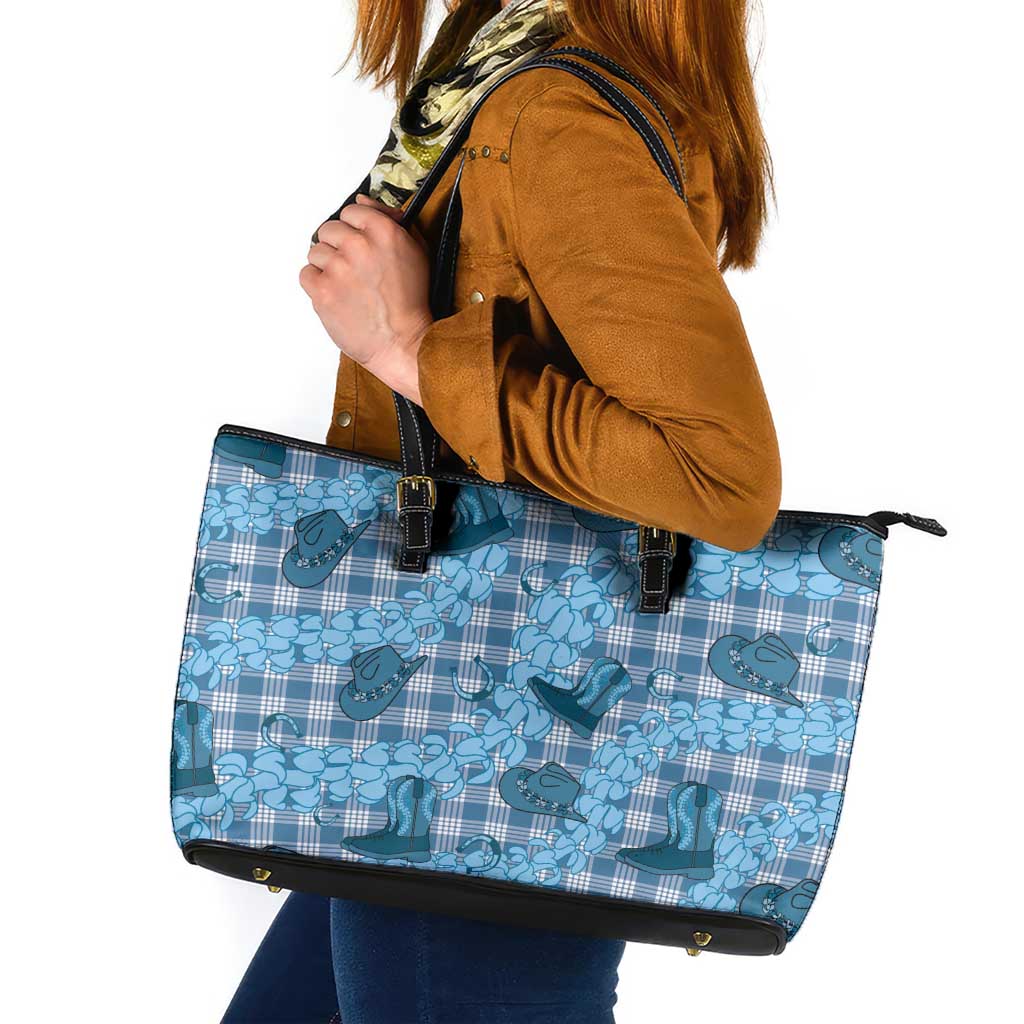 Cyan Palaka Hawaii Cowboy Leather Tote Bag Puakenikeni Lei Paniolo Papale Seamless Vibes LT14 Cyan - Polynesian Pride