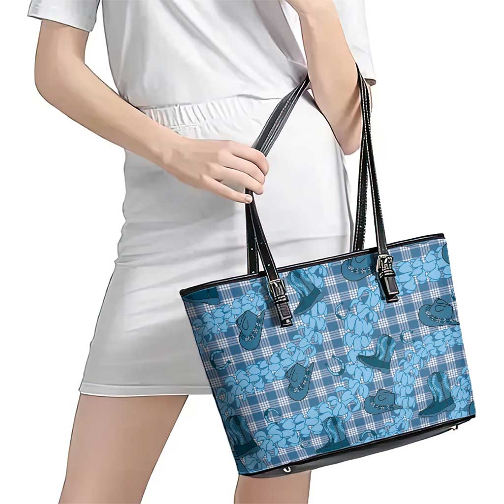 Cyan Palaka Hawaii Cowboy Leather Tote Bag Puakenikeni Lei Paniolo Papale Seamless Vibes LT14 - Polynesian Pride