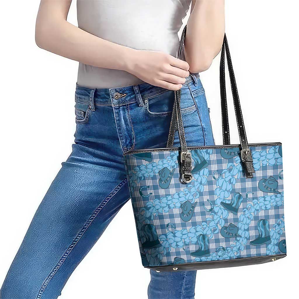 Cyan Palaka Hawaii Cowboy Leather Tote Bag Puakenikeni Lei Paniolo Papale Seamless Vibes LT14 - Polynesian Pride