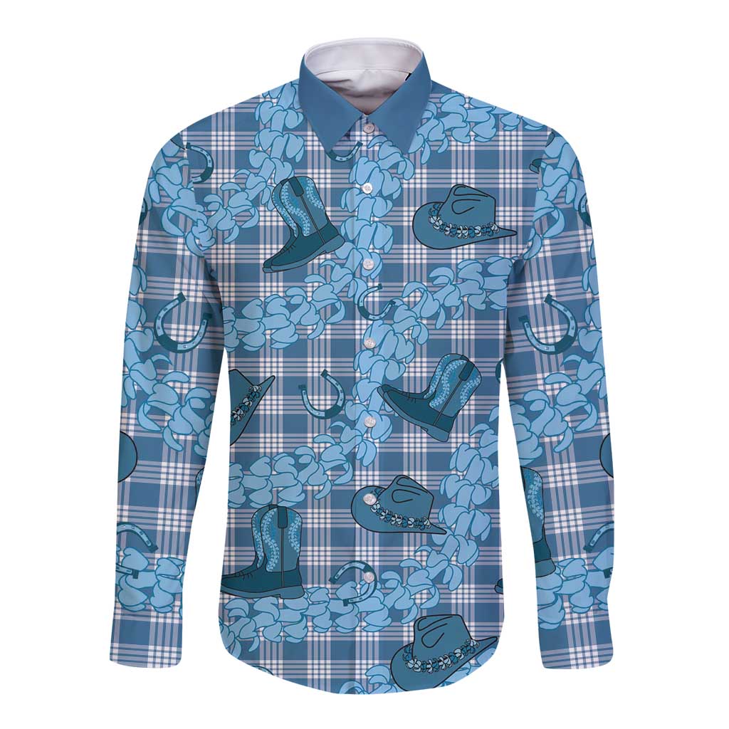 Cyan Palaka Hawaii Cowboy Long Sleeve Button Shirt Puakenikeni Lei Paniolo Papale Seamless Vibes LT14 Unisex Cyan - Polynesian Pride