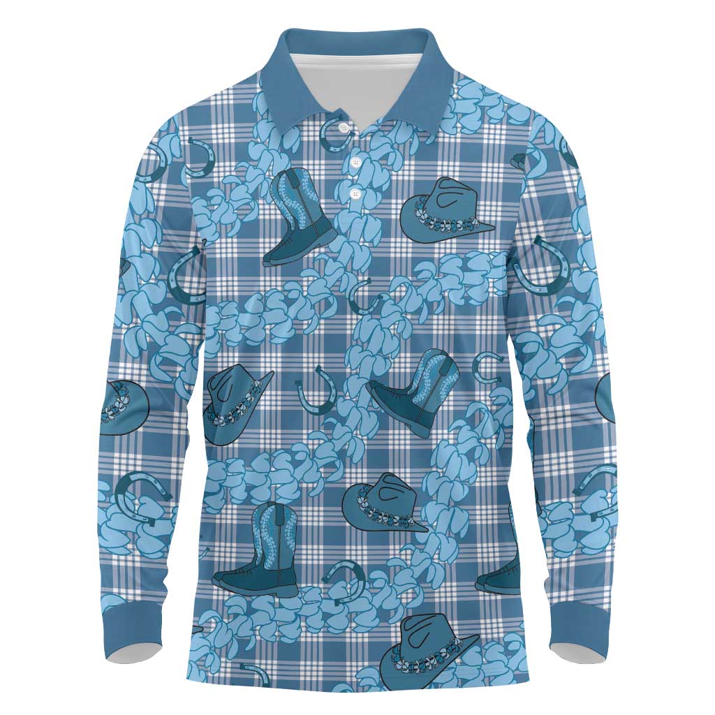 Cyan Palaka Hawaii Cowboy Long Sleeve Polo Shirt Puakenikeni Lei Paniolo Papale Seamless Vibes LT14 Cyan - Polynesian Pride