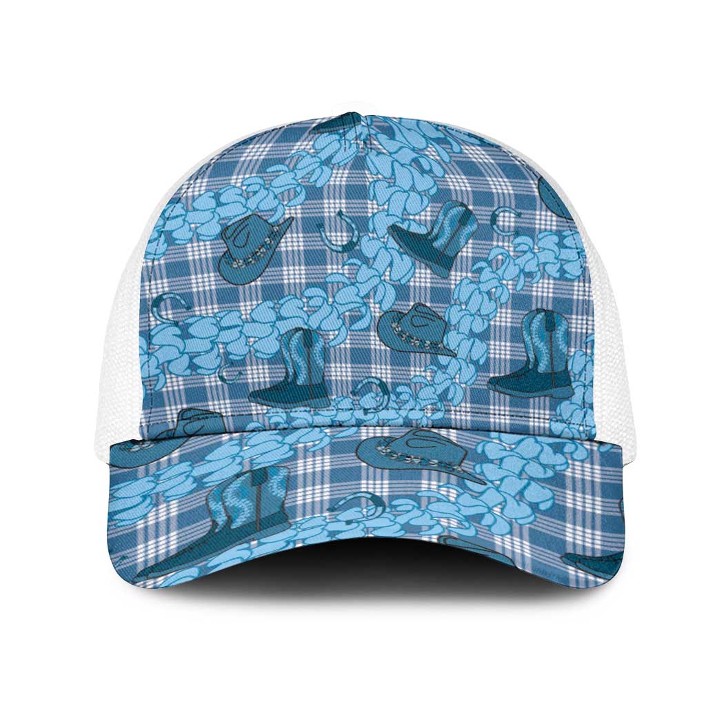 Cyan Palaka Hawaii Cowboy Mesh Trucker Cap Puakenikeni Lei Paniolo Papale Seamless Vibes LT14 One Size White Cyan - Polynesian Pride