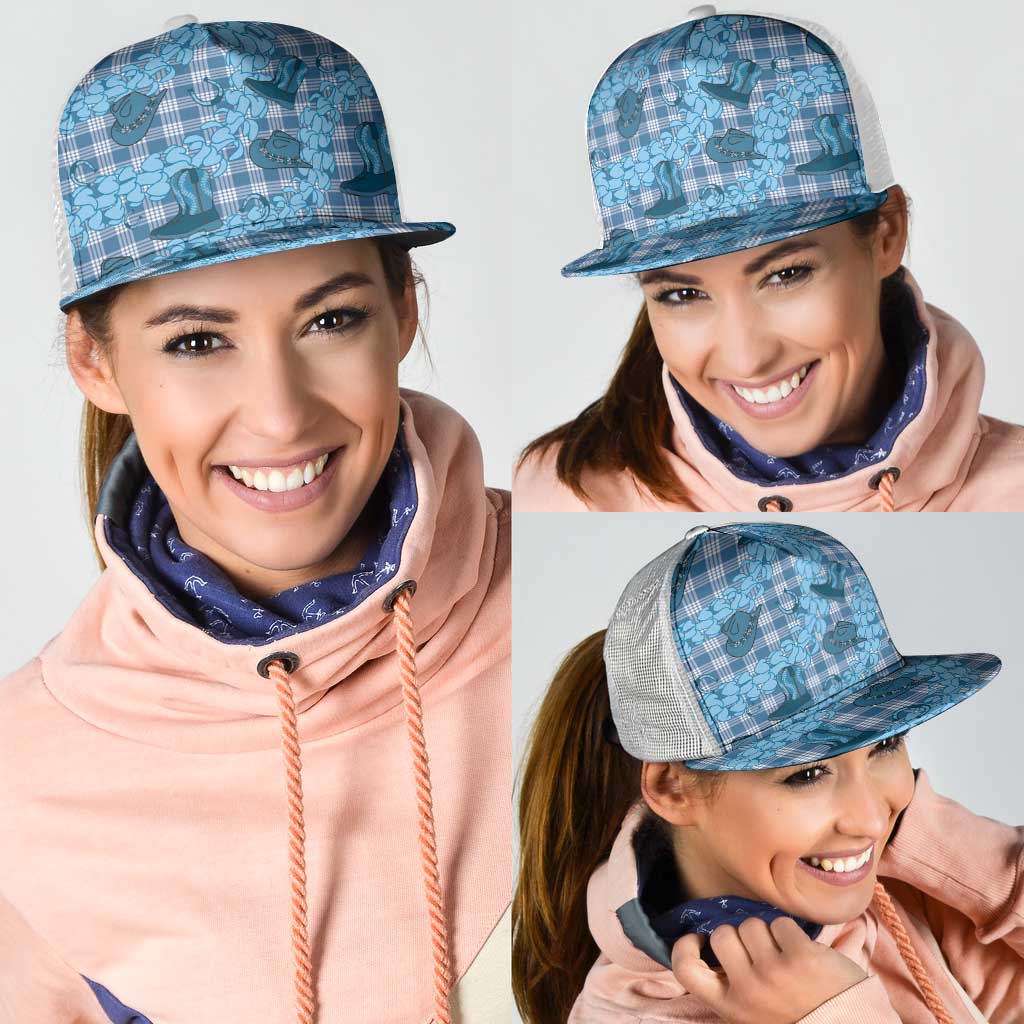 Cyan Palaka Hawaii Cowboy Mesh Trucker Cap Puakenikeni Lei Paniolo Papale Seamless Vibes LT14 - Polynesian Pride