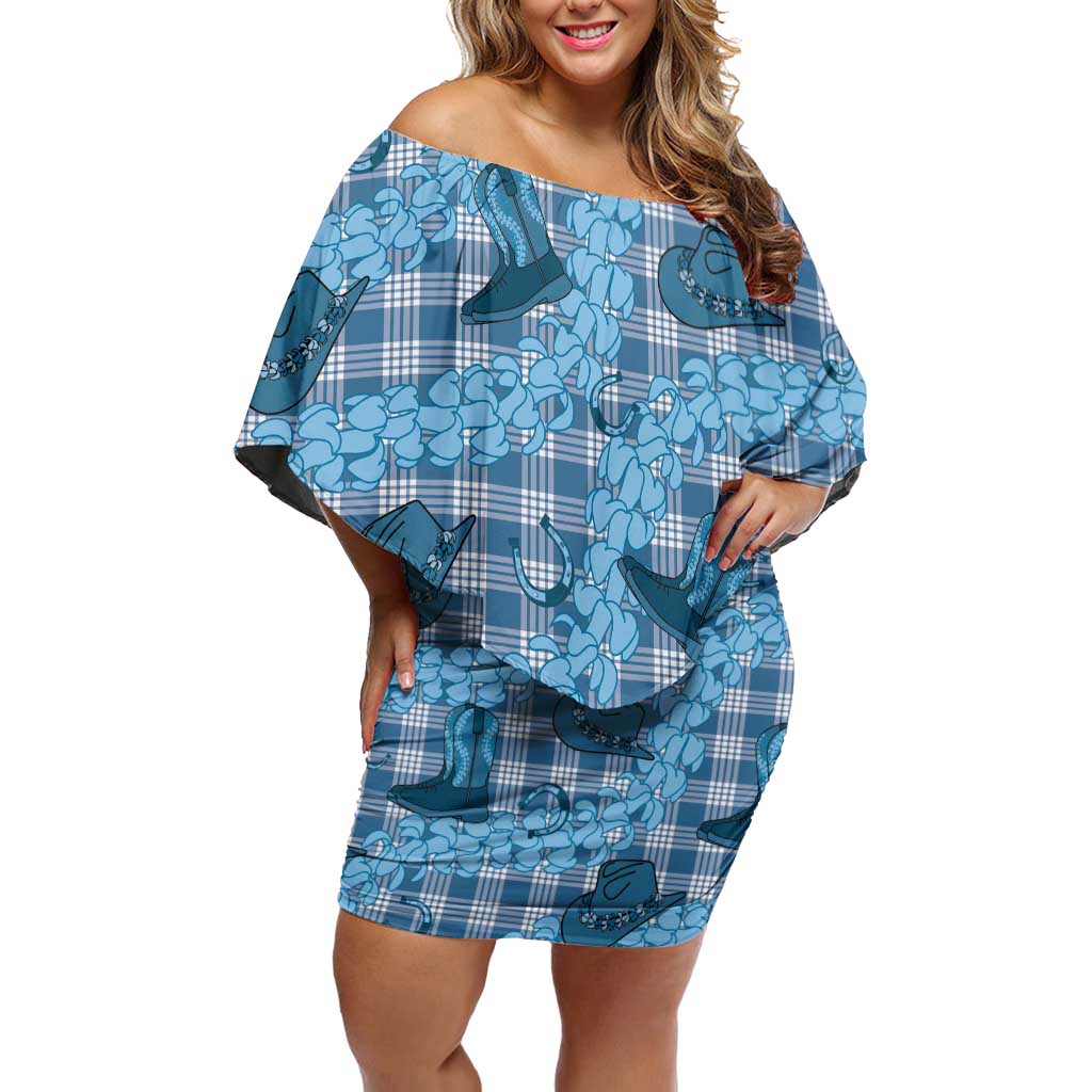 Cyan Palaka Hawaii Cowboy Off Shoulder Short Dress Puakenikeni Lei Paniolo Papale Seamless Vibes LT14 Women Cyan - Polynesian Pride