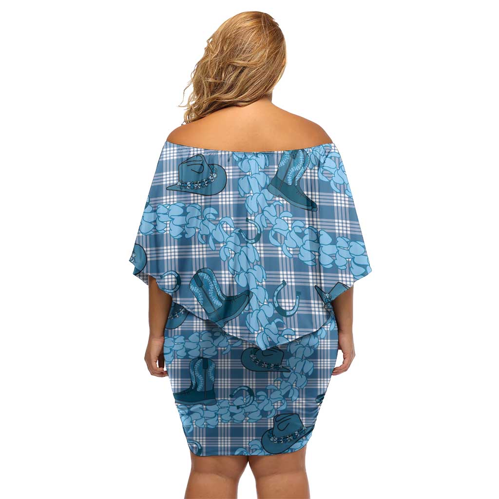 Cyan Palaka Hawaii Cowboy Off Shoulder Short Dress Puakenikeni Lei Paniolo Papale Seamless Vibes LT14 - Polynesian Pride