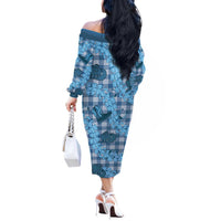 Cyan Palaka Hawaii Cowboy Off The Shoulder Long Sleeve Dress Puakenikeni Lei Paniolo Papale Seamless Vibes LT14 - Polynesian Pride