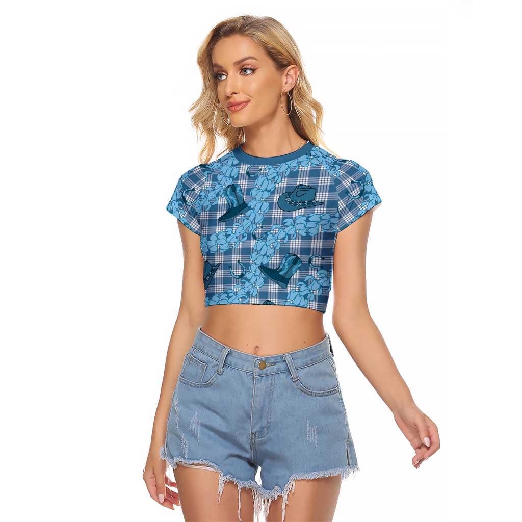 Cyan Palaka Hawaii Cowboy Raglan Cropped T Shirt Puakenikeni Lei Paniolo Papale Seamless Vibes LT14 Female Cyan - Polynesian Pride