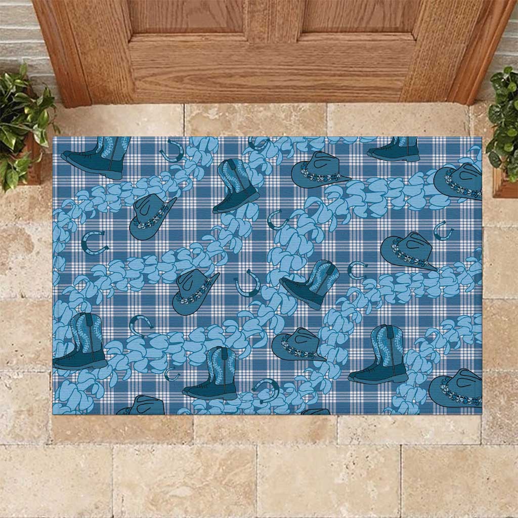 Cyan Palaka Hawaii Cowboy Rubber Doormat Puakenikeni Lei Paniolo Papale Seamless Vibes LT14 Cyan - Polynesian Pride
