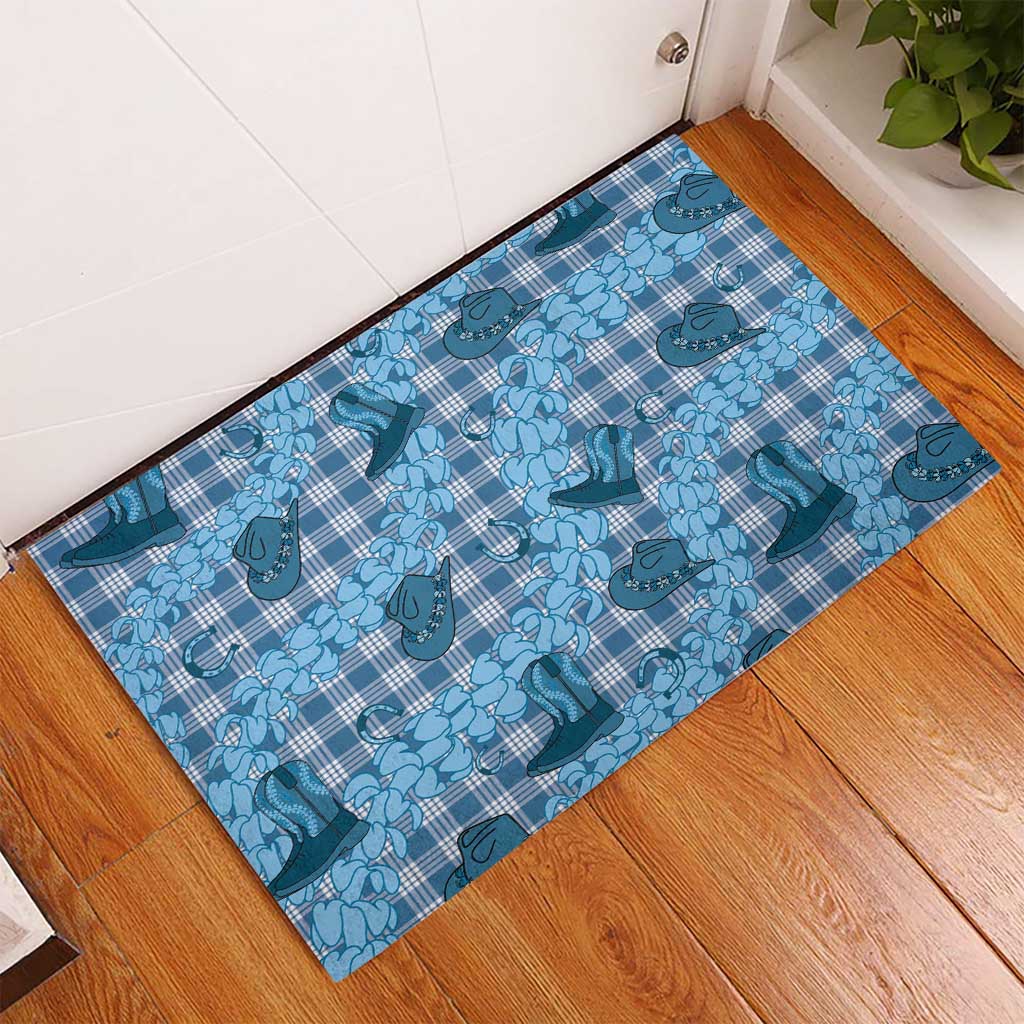 Cyan Palaka Hawaii Cowboy Rubber Doormat Puakenikeni Lei Paniolo Papale Seamless Vibes LT14 - Polynesian Pride