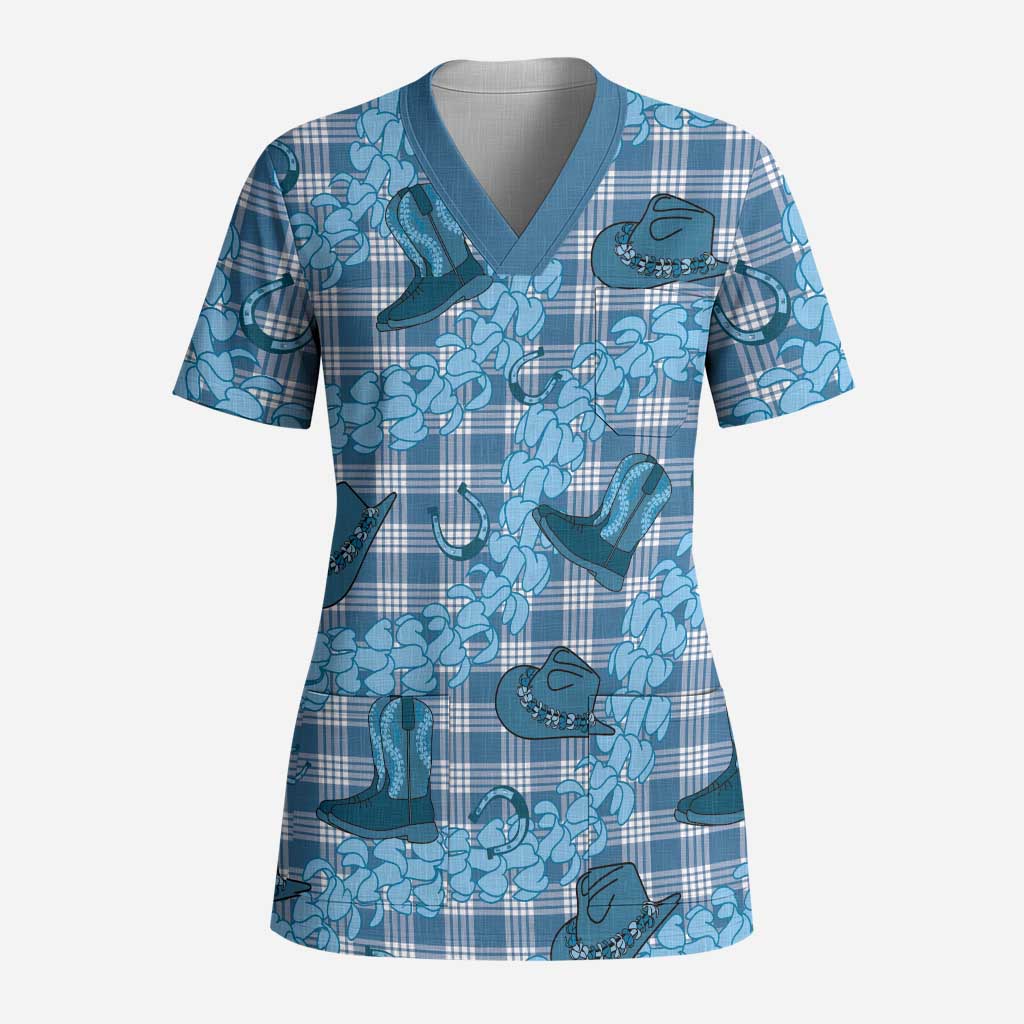 Cyan Palaka Hawaii Cowboy Scrub Top Puakenikeni Lei Paniolo Papale Seamless Vibes LT14 Adult Cyan - Polynesian Pride