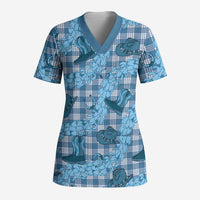 Cyan Palaka Hawaii Cowboy Scrub Top Puakenikeni Lei Paniolo Papale Seamless Vibes LT14 Adult Cyan - Polynesian Pride