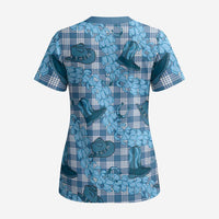 Cyan Palaka Hawaii Cowboy Scrub Top Puakenikeni Lei Paniolo Papale Seamless Vibes LT14 - Polynesian Pride