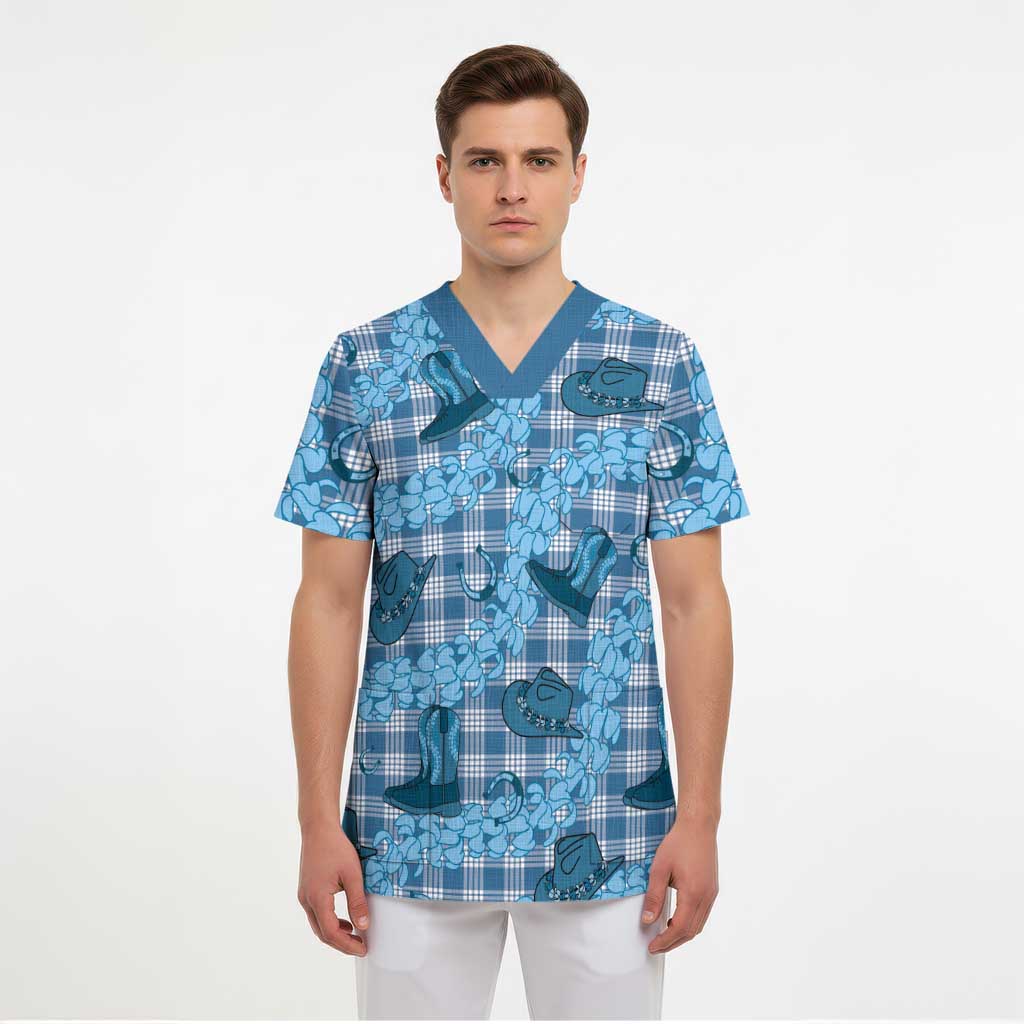 Cyan Palaka Hawaii Cowboy Scrub Top Puakenikeni Lei Paniolo Papale Seamless Vibes LT14 - Polynesian Pride