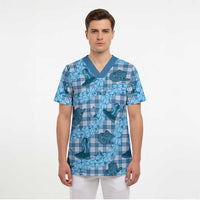 Cyan Palaka Hawaii Cowboy Scrub Top Puakenikeni Lei Paniolo Papale Seamless Vibes LT14 - Polynesian Pride
