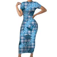 Cyan Palaka Hawaii Cowboy Short Sleeve Bodycon Dress Puakenikeni Lei Paniolo Papale Seamless Vibes LT14 Long Dress Cyan - Polynesian Pride