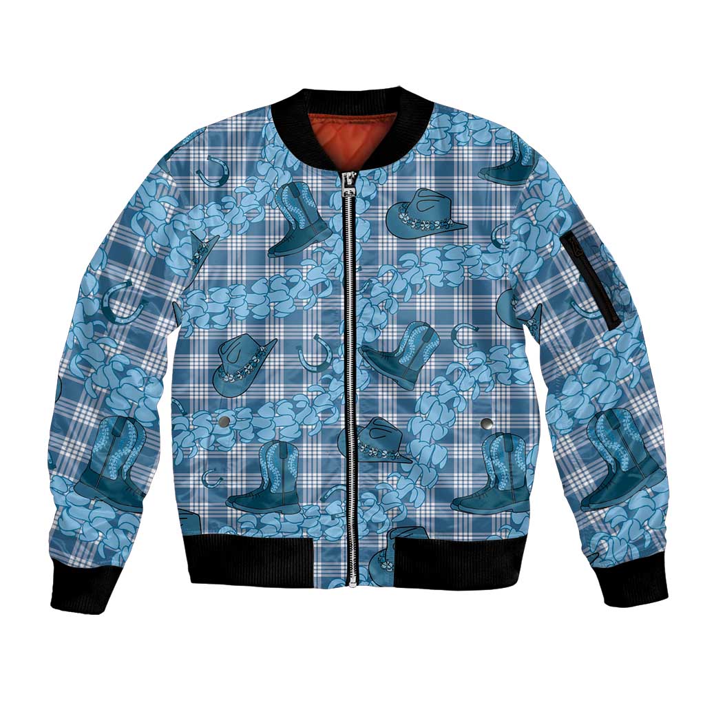 Cyan Palaka Hawaii Cowboy Sleeve Zip Bomber Jacket Puakenikeni Lei Paniolo Papale Seamless Vibes LT14 Unisex Cyan - Polynesian Pride