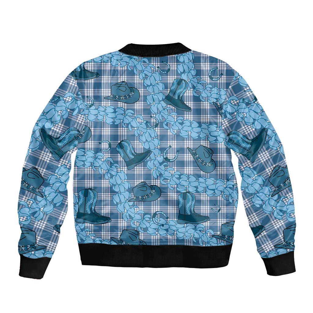 Cyan Palaka Hawaii Cowboy Sleeve Zip Bomber Jacket Puakenikeni Lei Paniolo Papale Seamless Vibes LT14 - Polynesian Pride