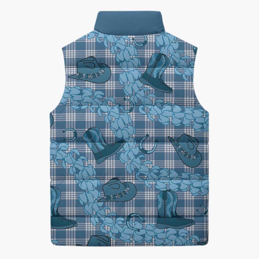Cyan Palaka Hawaii Cowboy Sleeveless Puffer Jacket Puakenikeni Lei Paniolo Papale Seamless Vibes LT14 - Polynesian Pride