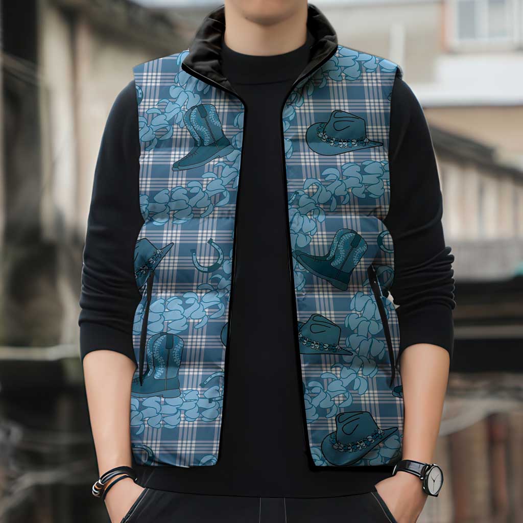 Cyan Palaka Hawaii Cowboy Sleeveless Puffer Jacket Puakenikeni Lei Paniolo Papale Seamless Vibes LT14 - Polynesian Pride