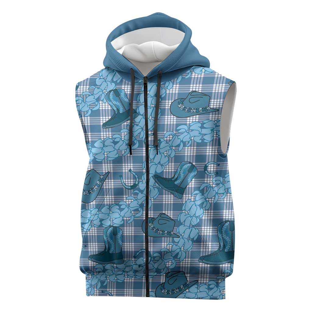 Cyan Palaka Hawaii Cowboy Sleeveless Zip Hoodie Puakenikeni Lei Paniolo Papale Seamless Vibes LT14 Cyan - Polynesian Pride