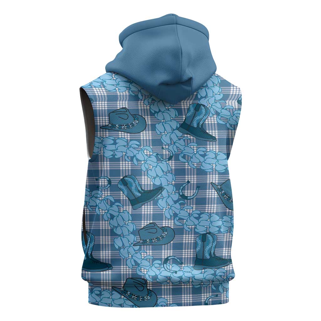 Cyan Palaka Hawaii Cowboy Sleeveless Zip Hoodie Puakenikeni Lei Paniolo Papale Seamless Vibes LT14 - Polynesian Pride
