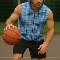 Cyan Palaka Hawaii Cowboy Sleeveless Zip Hoodie Puakenikeni Lei Paniolo Papale Seamless Vibes LT14 - Polynesian Pride