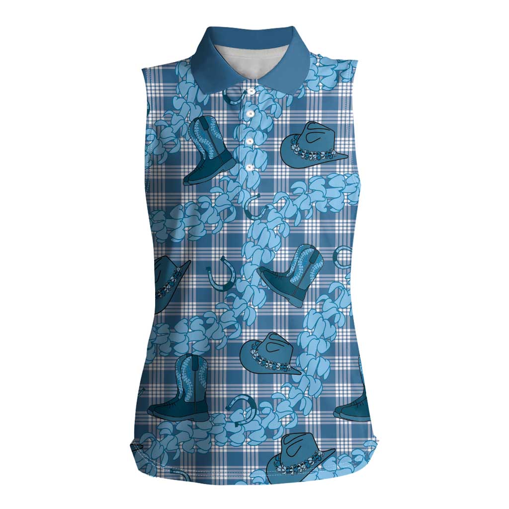 Cyan Palaka Hawaii Cowboy Women Sleeveless Polo Shirt Puakenikeni Lei Paniolo Papale Seamless Vibes LT14 Female Cyan - Polynesian Pride