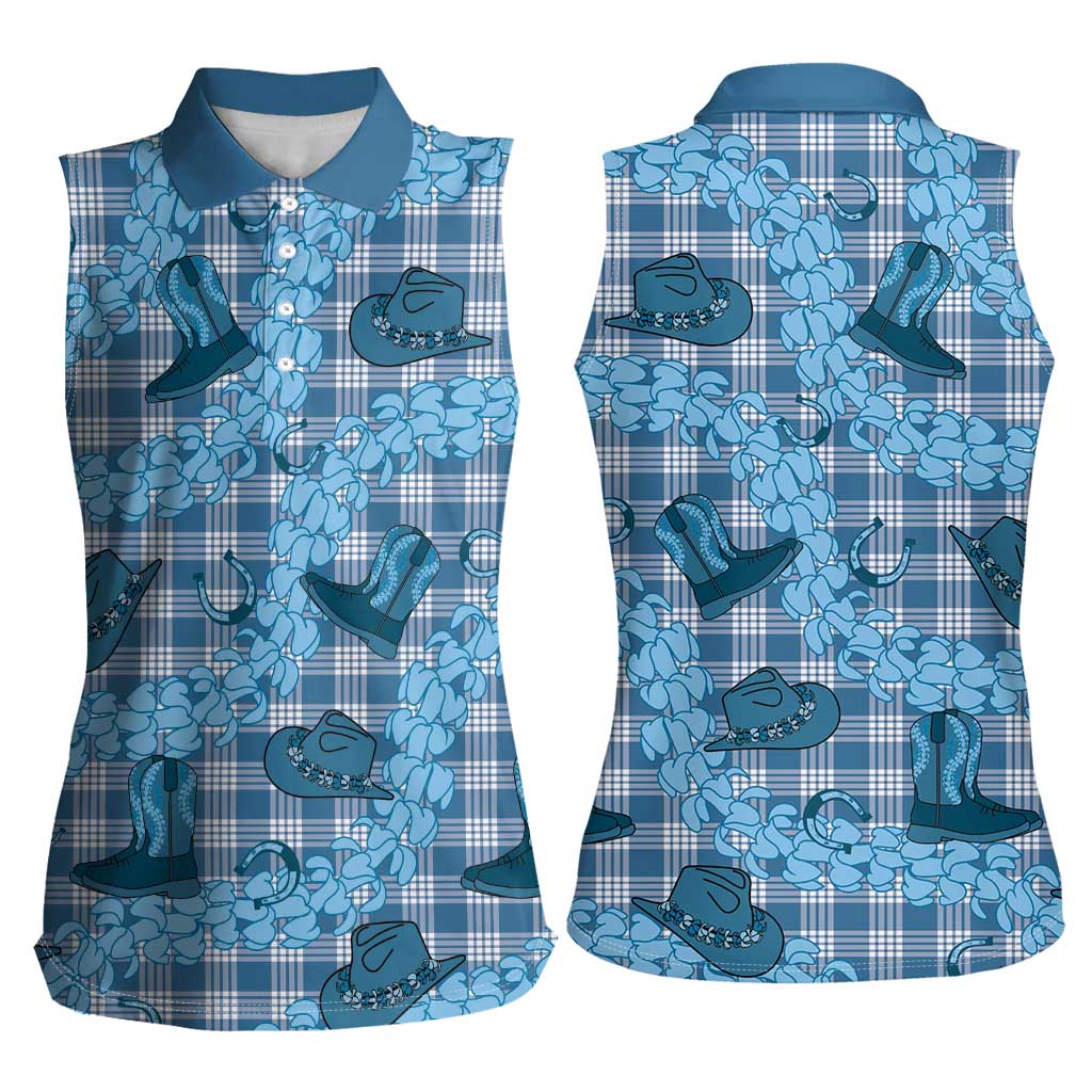 Cyan Palaka Hawaii Cowboy Women Sleeveless Polo Shirt Puakenikeni Lei Paniolo Papale Seamless Vibes LT14 - Polynesian Pride